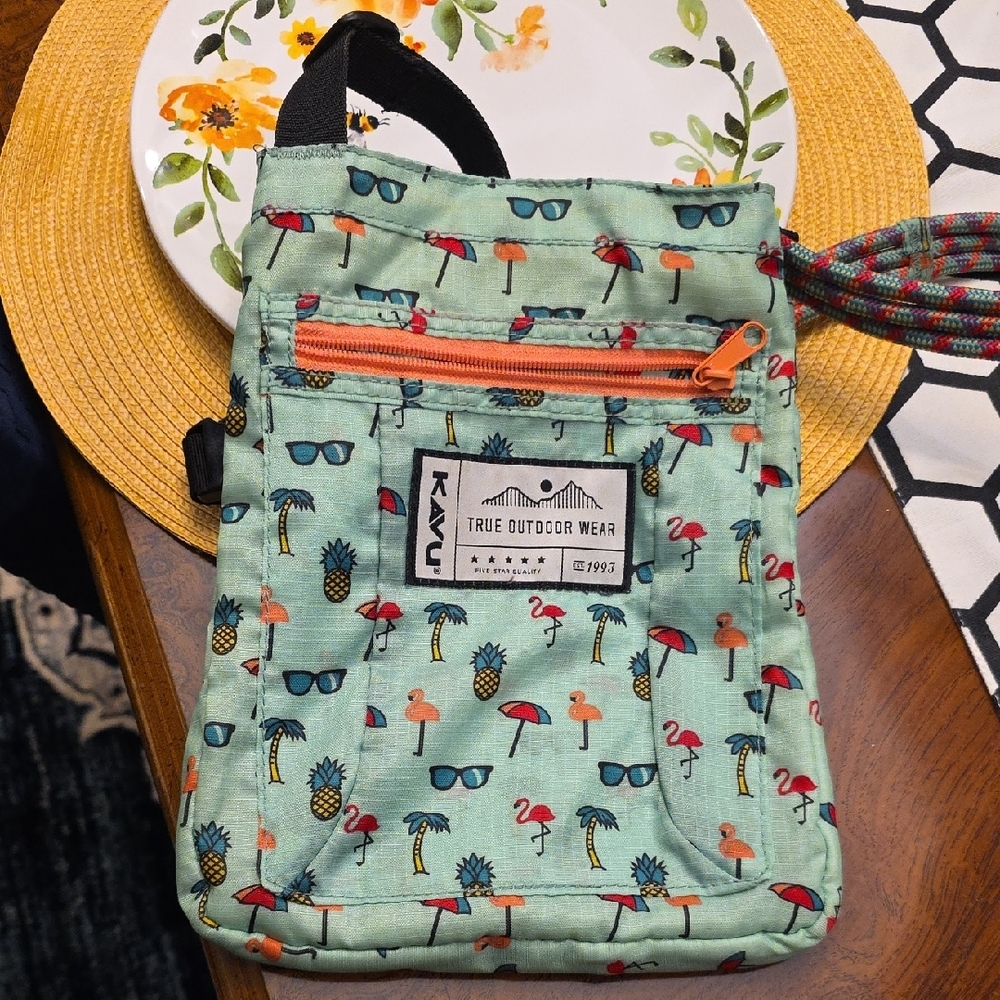 Kavu Light Green Crossbody Bag with Tropical Print